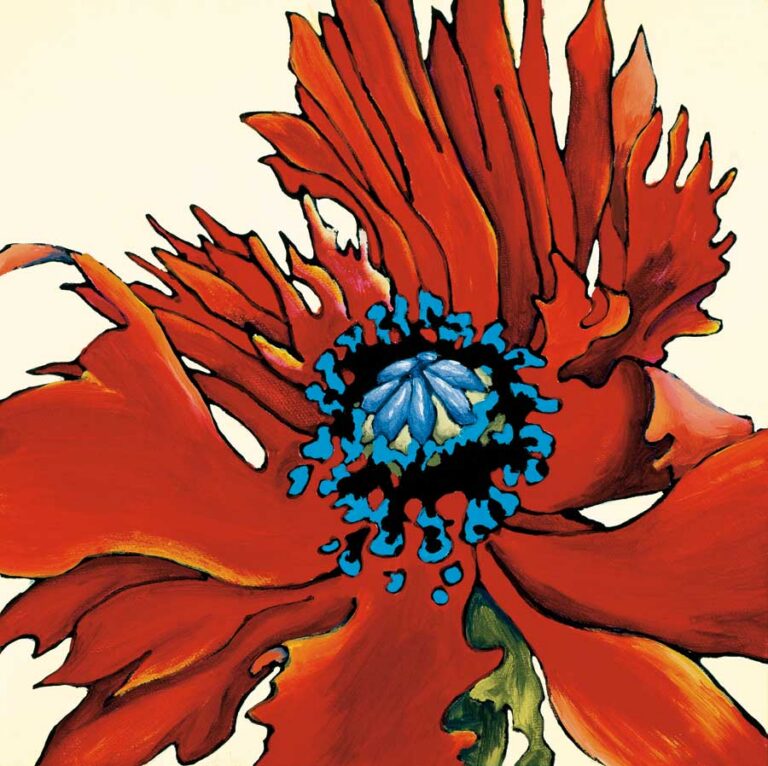 Close-up red poppy painting with a cobalt blue center, artwork selected for Eagle Wing at Woodcrest Villa